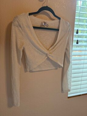 Princess Polly White Ribbed Twist-Front Long Sleeve Crop Top